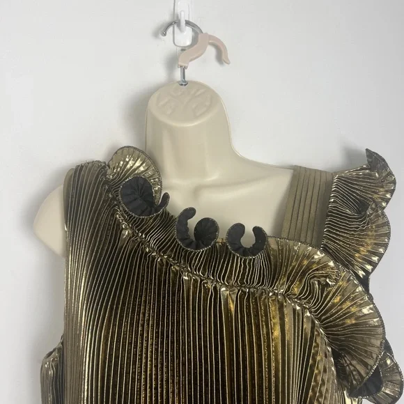NEW Halogen X Atlantic-Pacific Large Pleated Asymmetrical Gold Black Lame Blouse - Picture 8 of 16